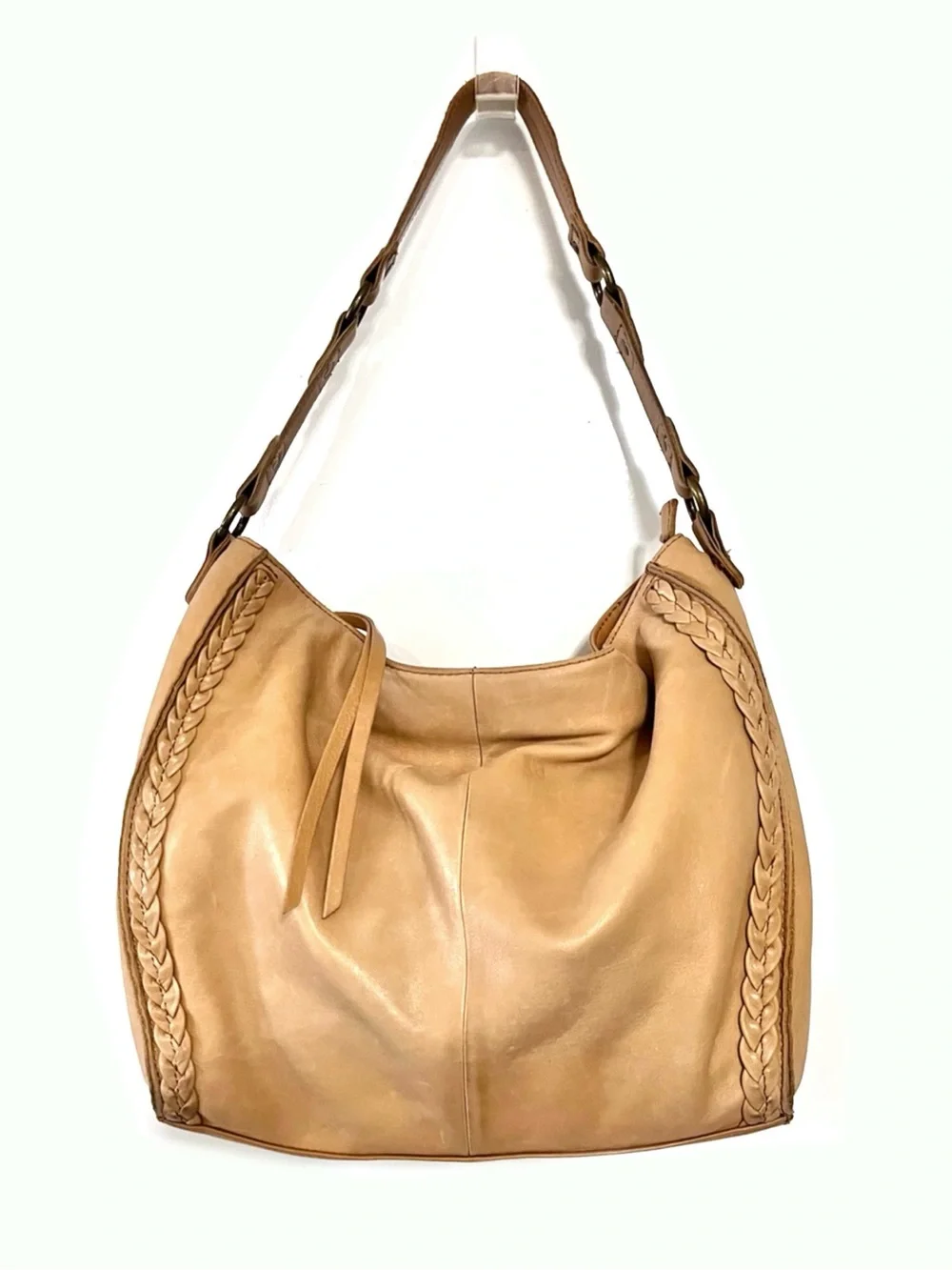 The Sak Silverlake Leather Braided Slouch Hobo Shoulder Bag Camel Tan Boho